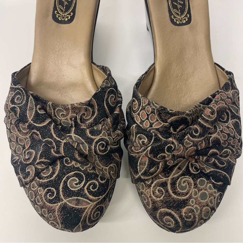 SOLD Salpy Handmade Mules Wooden Heels with a Scroll Design and Glitter 7 1/2